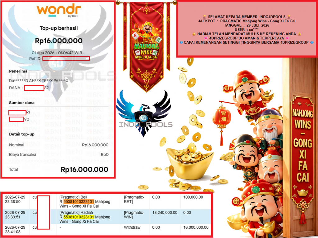 INDO4DPOOLS JACKPOT PRAGMATIC “Mahjong Wins – Gong Xi Fa Cai” Rp16.000.000,- LUNAS