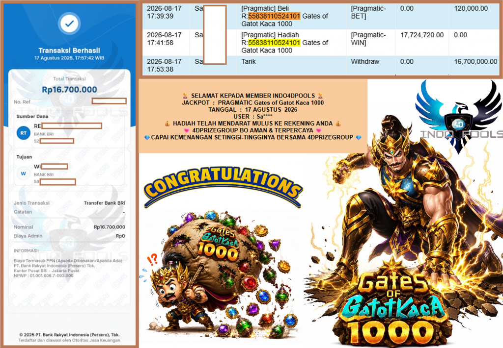 INDO4DPOOLS JACKPOT PRAGMATIC “Gates of Gatot Kaca 1000″ Rp16.700.000,- LUNAS