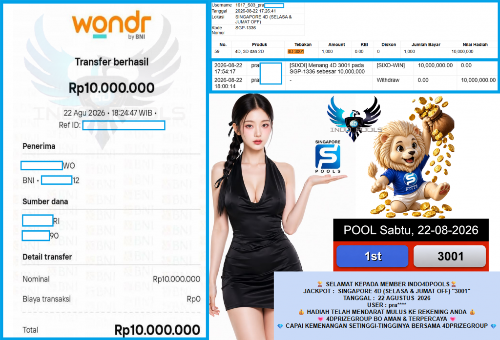 INDO4DPOOLS JACKPOT SINGAPORE 4D (SELASA & JUMAT OFF) β3001βββββ Rp10.000.000,- LUNAS