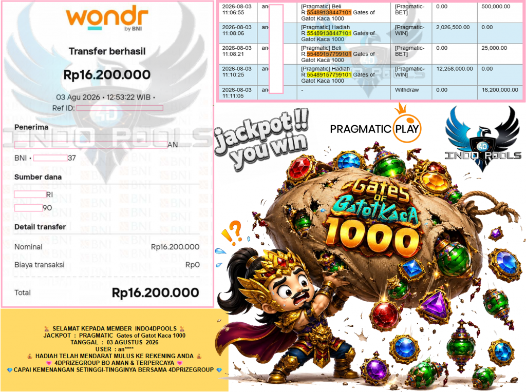 INDO4DPOOLS JACKPOT PRAGMATIC “Gates of Gatot Kaca 1000″ Rp16.200.000,- LUNAS