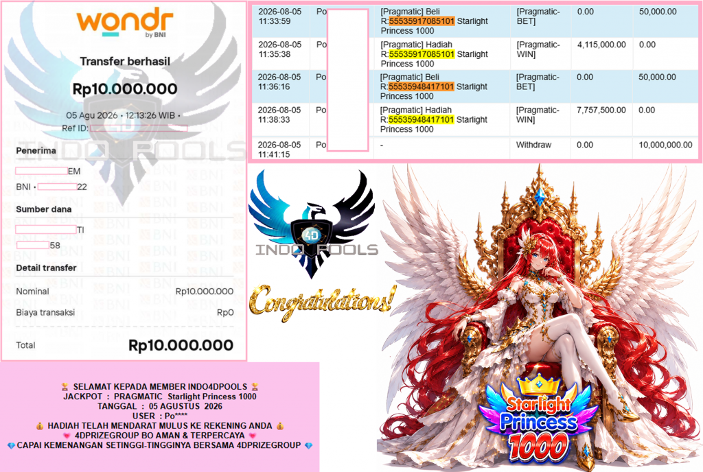 INDO4DPOOLS JACKPOT PRAGMATIC “Starlight Princess 1000″ Rp10.000.000,- LUNAS