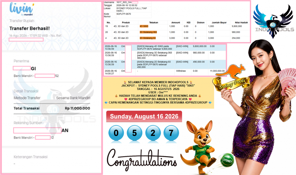 INDO4DPOOLS JACKPOT SYDNEY POOLS FULL (TIAP HARI) “5065”‎‏‏‎ Rp11.000.000,- LUNAS