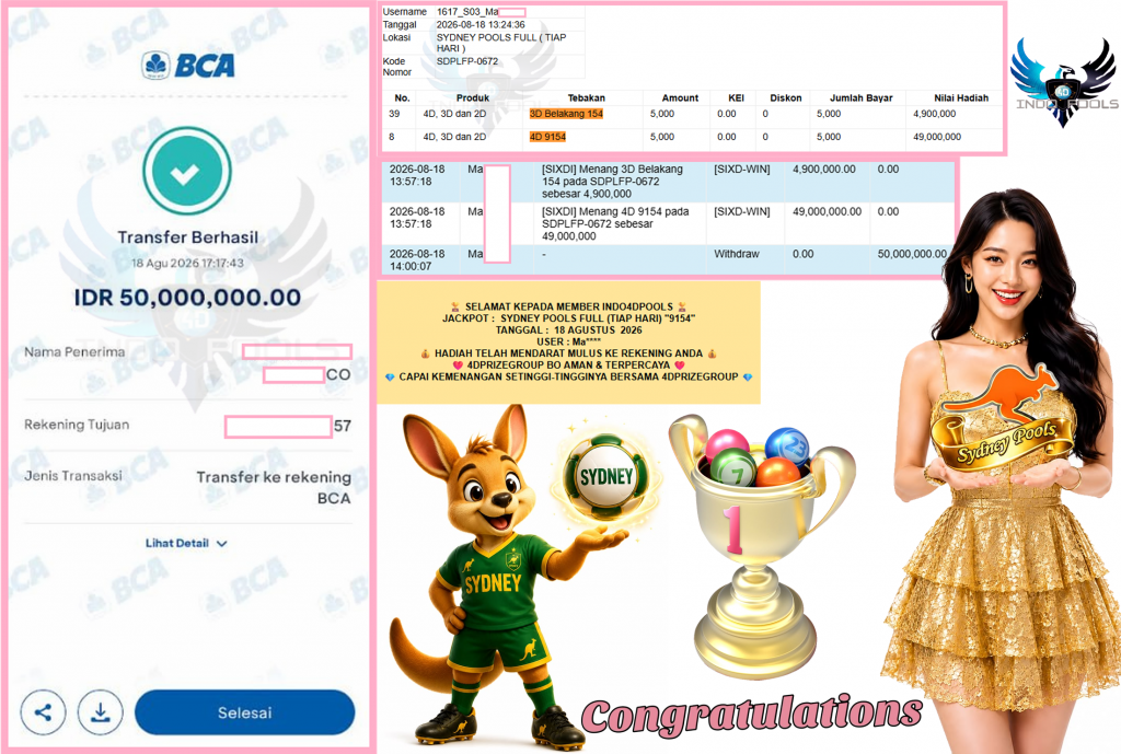 INDO4DPOOLS JACKPOT SYDNEY POOLS FULL (TIAP HARI) “9154”‎‏‏‎ Rp50.000.000,- LUNAS