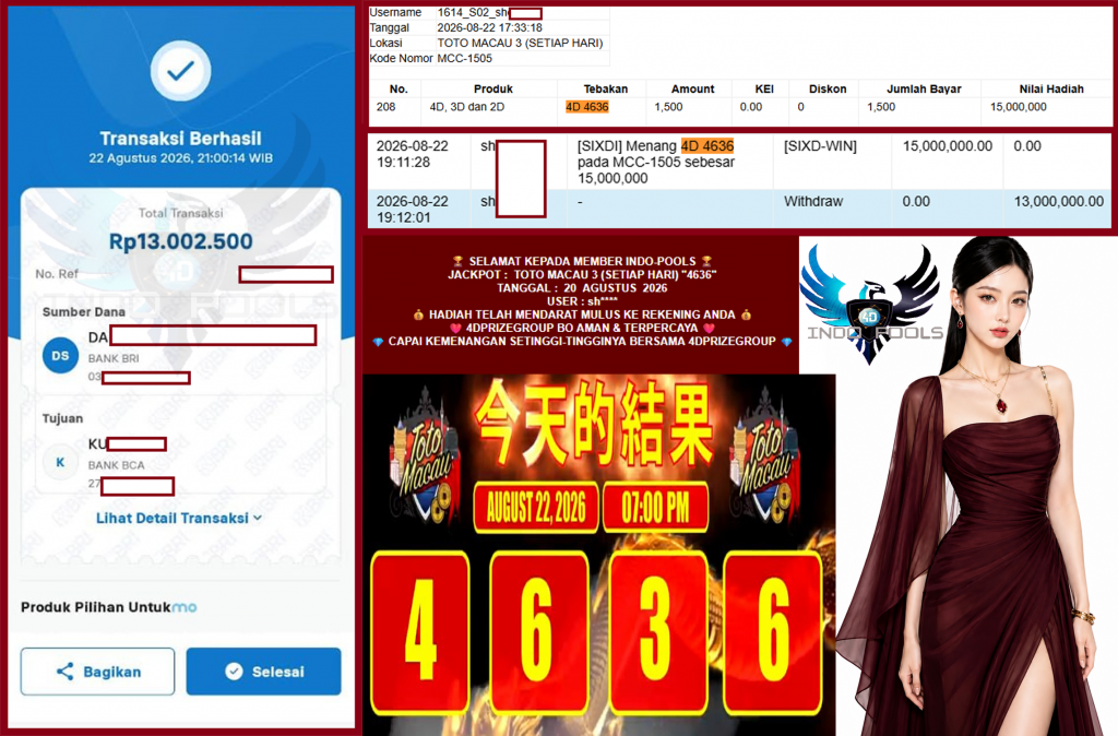 INDO-POOLS JACKPOT TOTO MACAU 3 (SETIAP HARI) β4636βββββ Rp13.000.000,- LUNAS