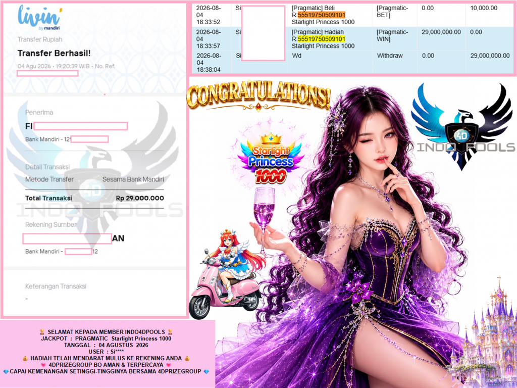 INDO4DPOOLS JACKPOT PRAGMATIC “Starlight Princess 1000″ Rp29.000.000,- LUNAS