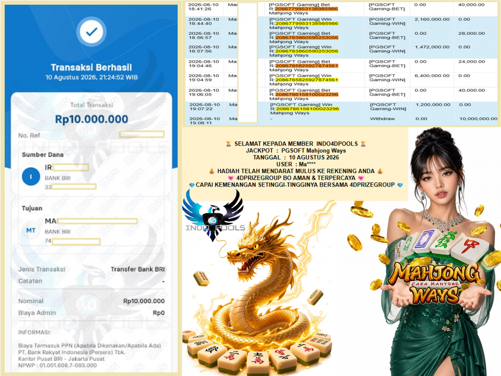 INDO4DPOOLS JACKPOT PGSOFT “Mahjong Ways” Rp10.000.000,- LUNAS