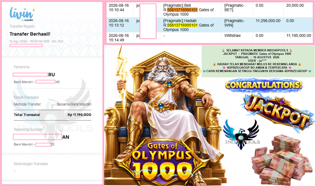 INDO4DPOOLS JACKPOT PRAGMATIC “Gates of Olympus 1000″ Rp11.195.000,- LUNAS