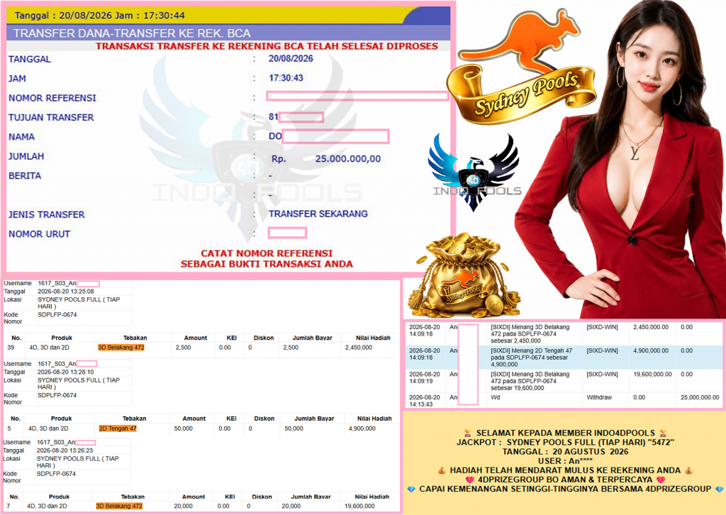 INDO4DPOOLS JACKPOT SYDNEY POOLS FULL (TIAP HARI) β5472βββββ Rp25.000.000,- LUNAS