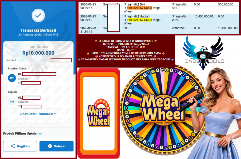 INDO4DPOOLS JACKPOT PRAGMATIC “Mega Wheel” Rp10.000.000,- LUNAS