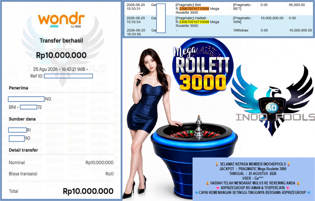 INDO4DPOOLS JACKPOT PRAGMATIC “Mega Roulette 3000″‎‏‏‎‎ Rp10.000.000,- LUNAS