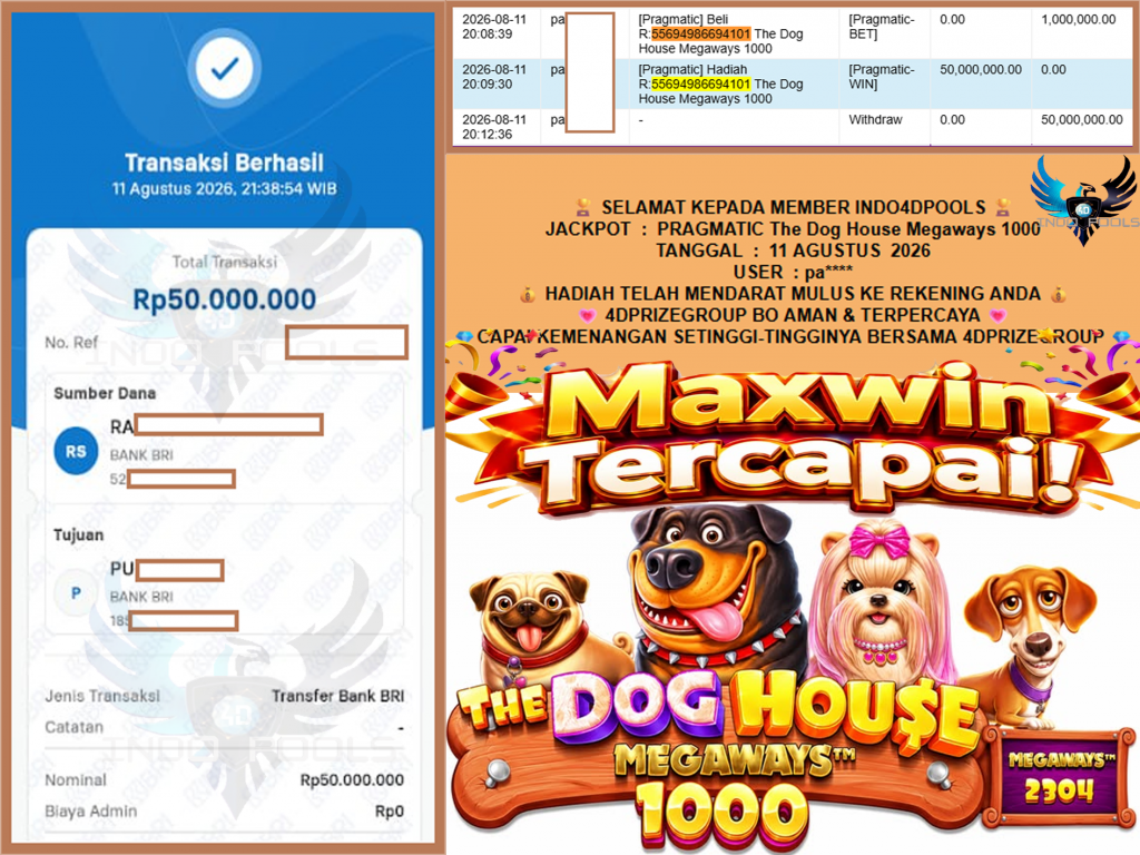 INDO4DPOOLS JACKPOT PRAGMATIC “The Dog House Megaways 1000″ Rp50.000.000,- LUNAS