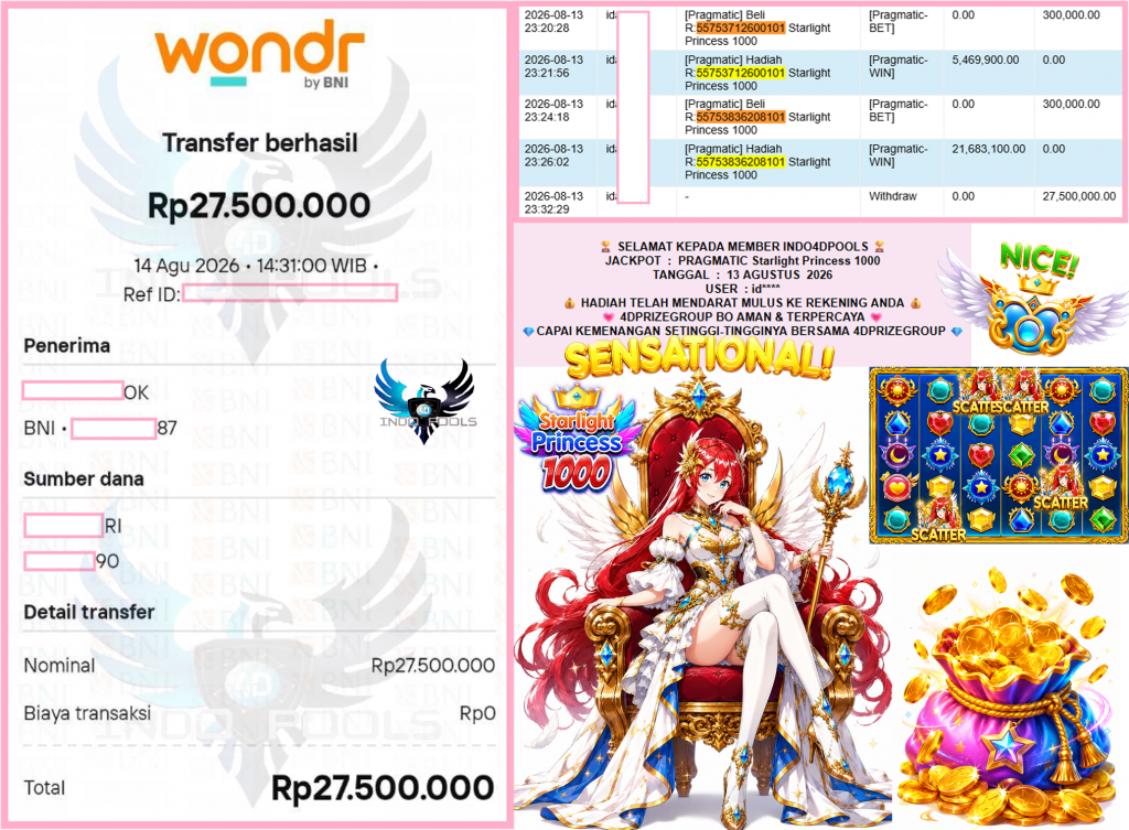 INDO4DPOOLS JACKPOT PRAGMATIC “Starlight Princess 1000″ Rp27.500.000,- LUNAS