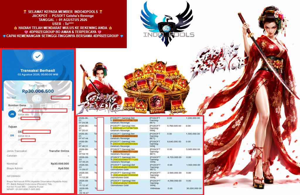 INDO4DPOOLS JACKPOT PGSOFT “Geisha’s Revenge” Rp30.000.000,- LUNAS