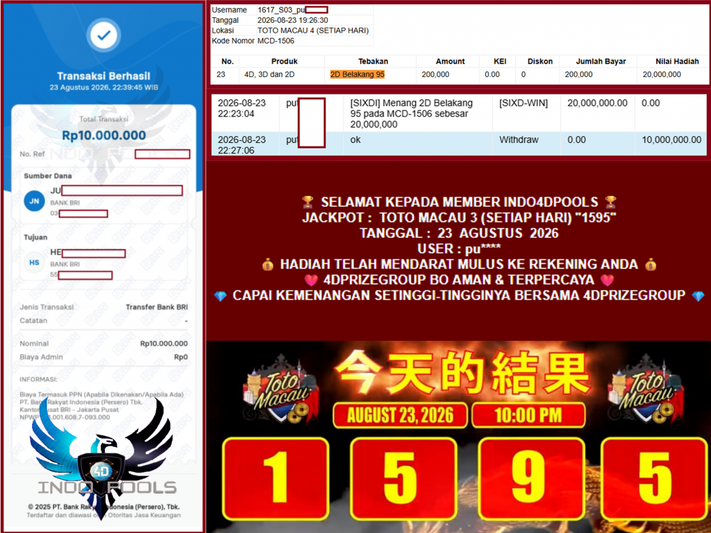 INDO4DPOOLS JACKPOT TOTO MACAU 4 (SETIAP HARI) “1595”‎‏‏‎ Rp10.000.000,- LUNAS