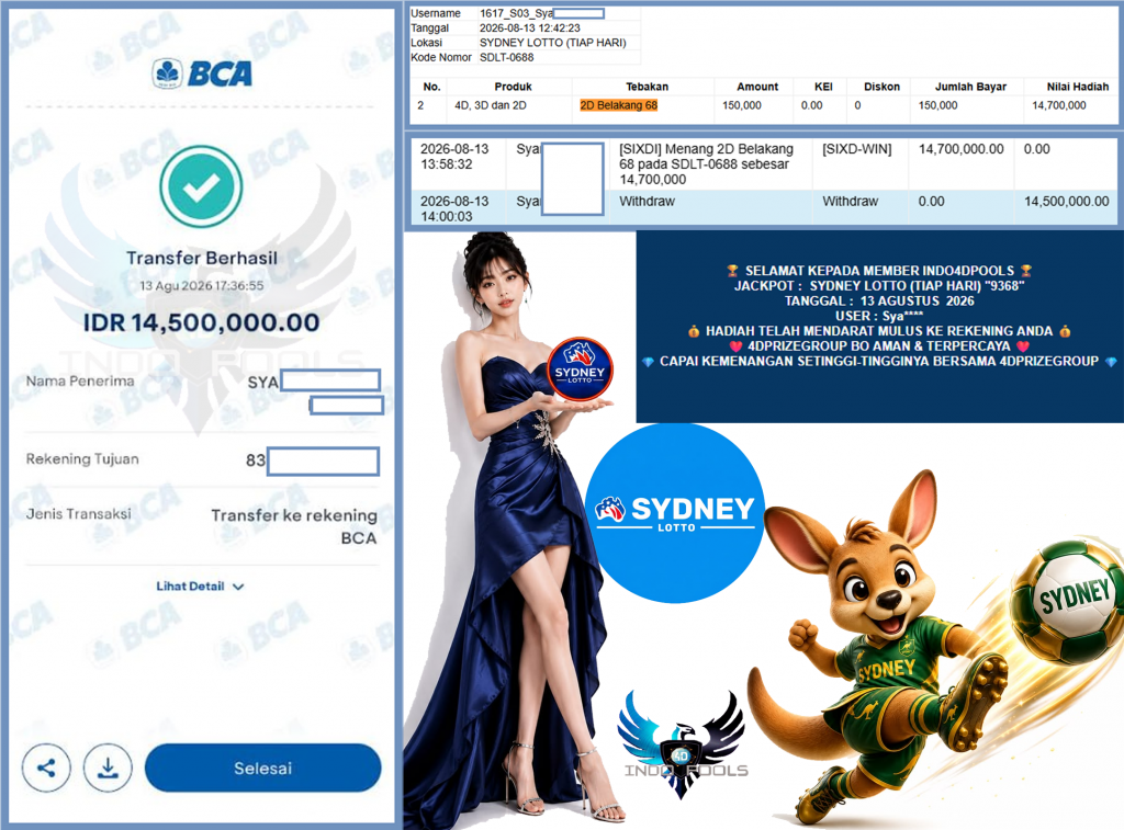 INDO4DPOOLS JACKPOT SYDNEY LOTTO (TIAP HARI) “9368”‎‏‏‎ Rp14.500.000,- LUNAS