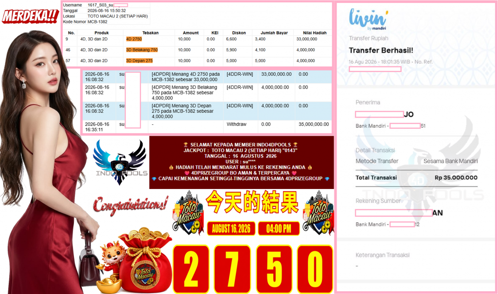 INDO4DPOOLS JACKPOT TOTO MACAU 2 (SETIAP HARI) “2750”‎‏‏‎ Rp35.000.000,- LUNAS