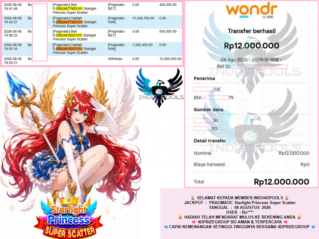 INDO4DPOOLS JACKPOT PRAGMATIC “Starlight Princess Super Scatter” Rp12.000.000,- LUNAS