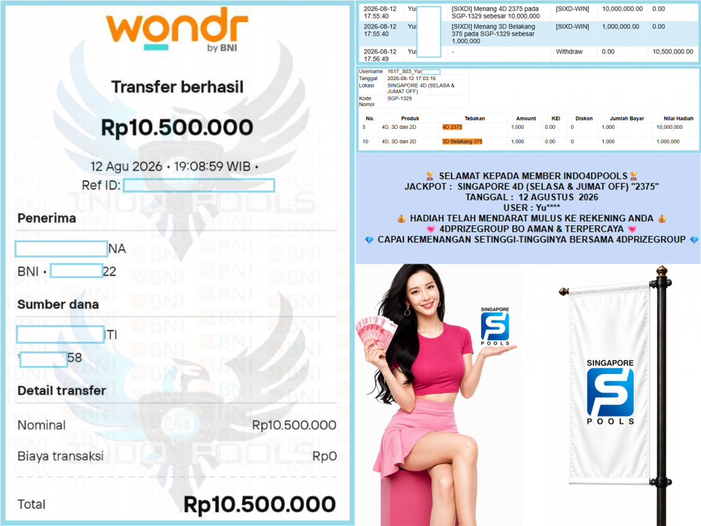 INDO4DPOOLS JACKPOT SINGAPORE 4D (SELASA & JUMAT OFF) “2375”‎‏‏‎ Rp10.000.000,- LUNAS