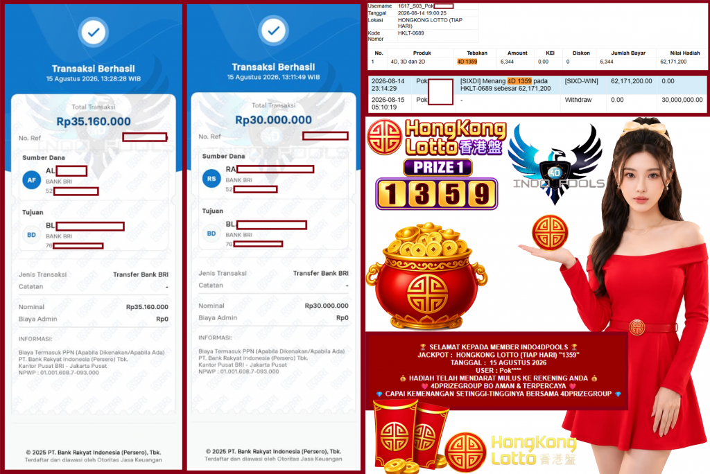 INDO4DPOOLS JACKPOT HONGKONG LOTTO (TIAP HARI) β1359βββββ Rp65.160.000,- LUNAS