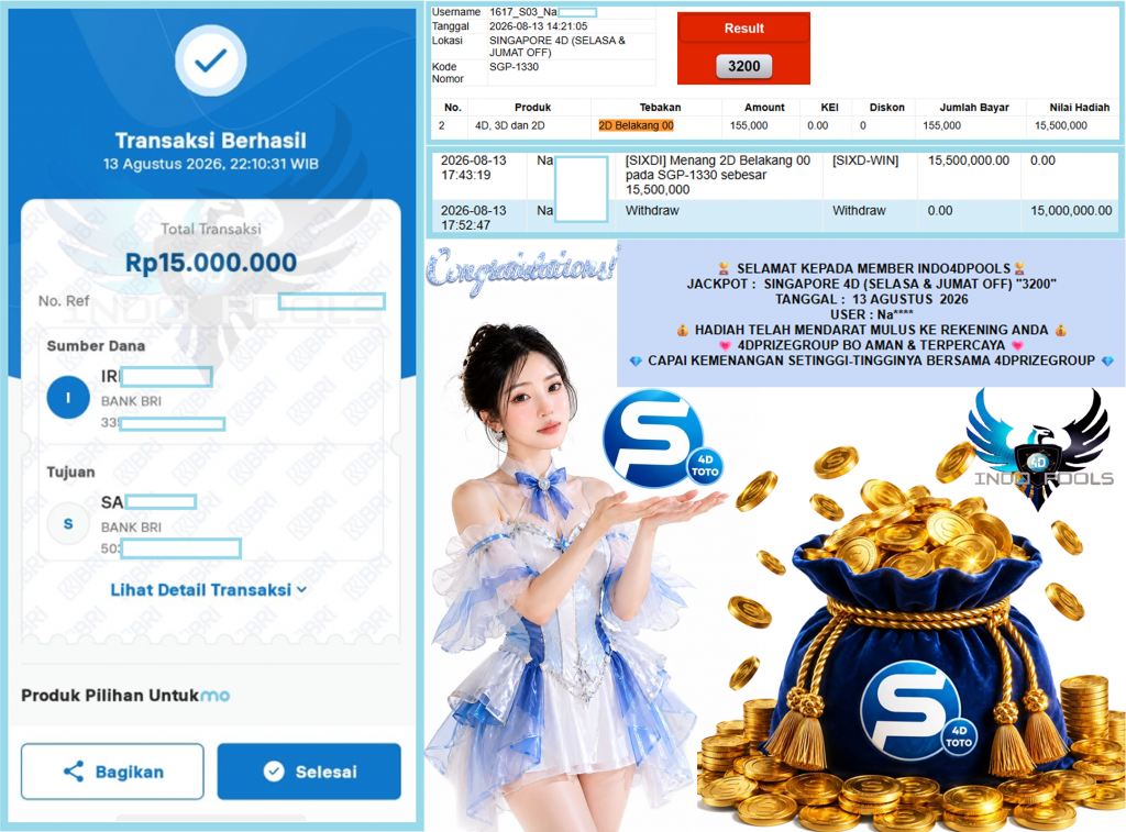 INDO4DPOOLS JACKPOT SINGAPORE 4D (SELASA & JUMAT OFF) “3200”‎‏‏‎ Rp15.000.000,- LUNAS