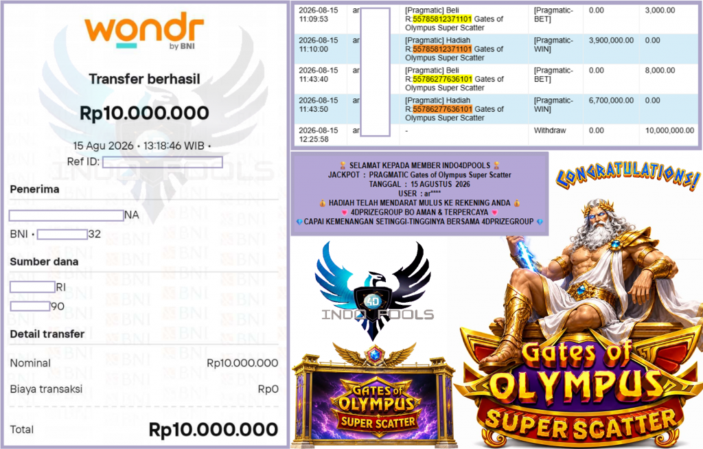 INDO4DPOOLS JACKPOT PRAGMATIC “Gates of Olympus Super Scatter” Rp10.000.000,- LUNAS