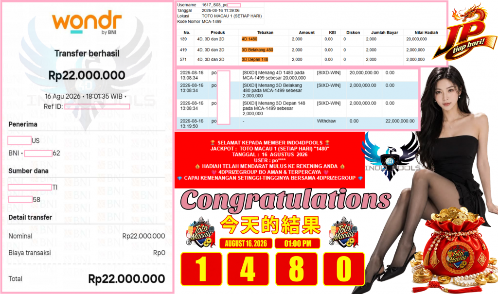INDO4DPOOLS JACKPOT TOTO MACAU 1 (SETIAP HARI) β1480βββββ Rp22.000.000,- LUNAS