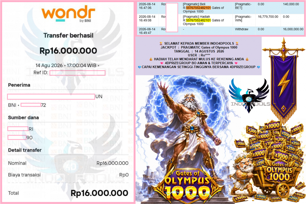 INDO4DPOOLS JACKPOT PRAGMATIC “Gates of Olympus 1000″ Rp16.000.000,- LUNAS