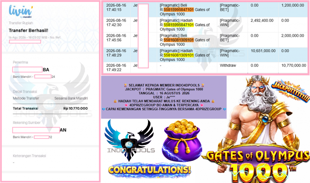INDO4DPOOLS JACKPOT PRAGMATIC “Gates of Olympus 1000″ Rp10.770.000,- LUNAS