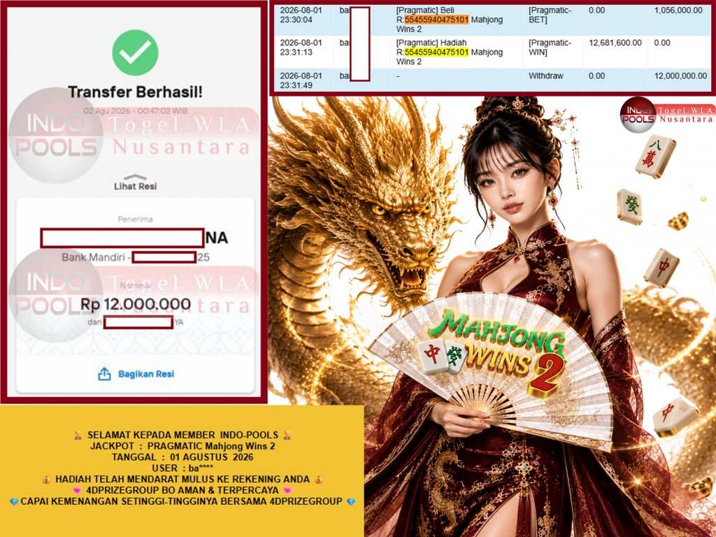 INDO-POOLS JACKPOT PRAGMATIC “Mahjong Wins 2″ Rp12.000.000,- LUNAS