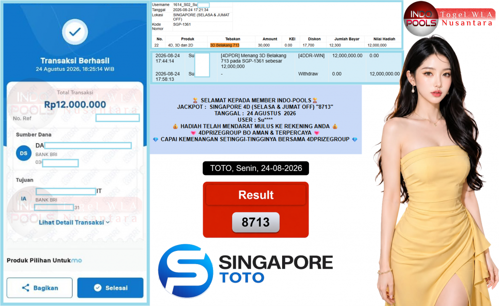 INDO-POOLS JACKPOT SINGAPORE 4D (SELASA & JUMAT OFF) β8713βββββ Rp12.000.000,- LUNAS