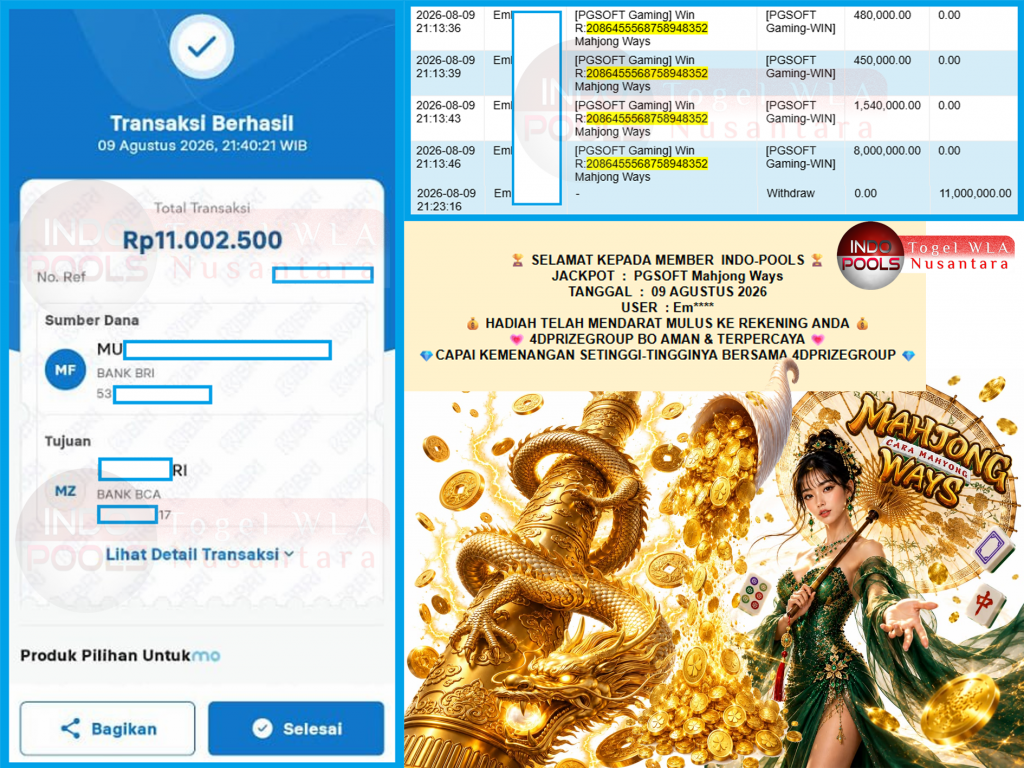 INDO-POOLS JACKPOT PGSOFT “Mahjong Ways” Rp11.000.000,- LUNAS