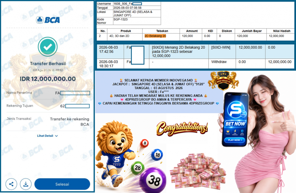 INDOVEGAS4D JACKPOT SINGAPORE 4D (SELASA & JUMAT OFF) β9120βββββ Rp12.000.000,- LUNAS