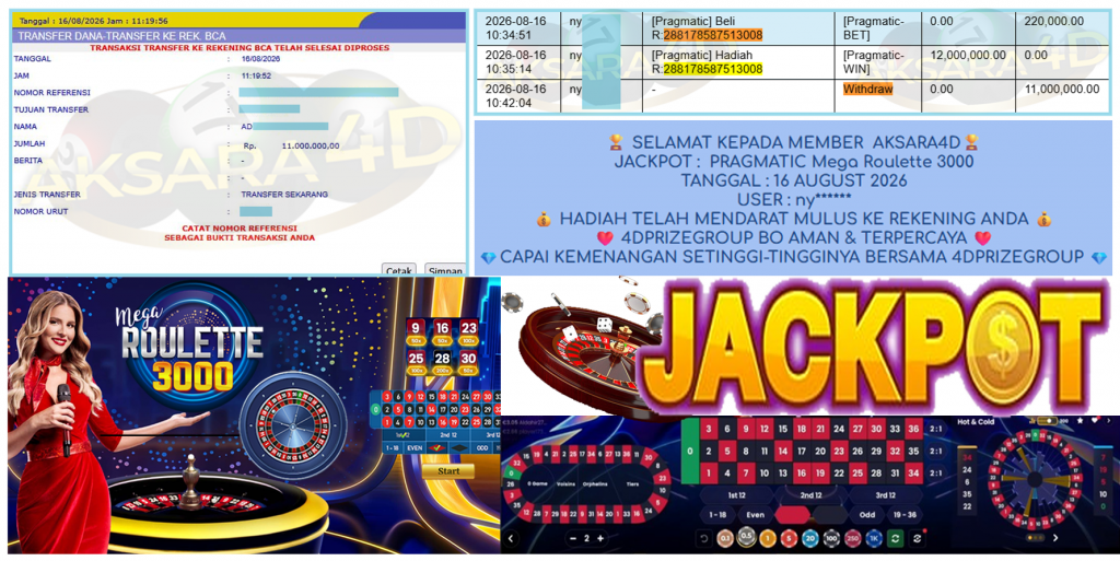 AKSARA4D JACKPOT PRAGMATIC ” Mega Roulette 3000 ” Rp 11,000,000,- LUNAS
