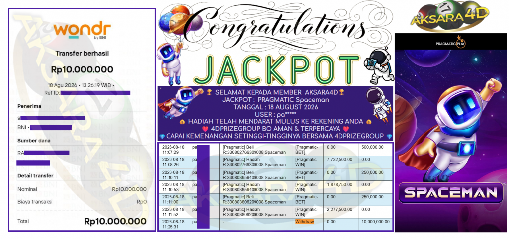 AKSARA4D JACKPOT PRAGMATIC ” Spaceman ” Rp 10,000,000,- LUNAS