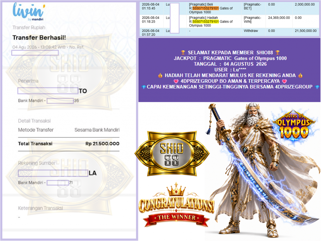 SHIO88 JACKPOT PRAGMATIC “Gates of Olympus 1000″ Rp21.500.000,- LUNAS