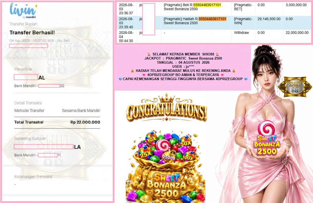 SHIO88 JACKPOT PRAGMATIC “Sweet Bonanza 2500″‎‏‏‎‎ Rp22.000.000,- LUNAS