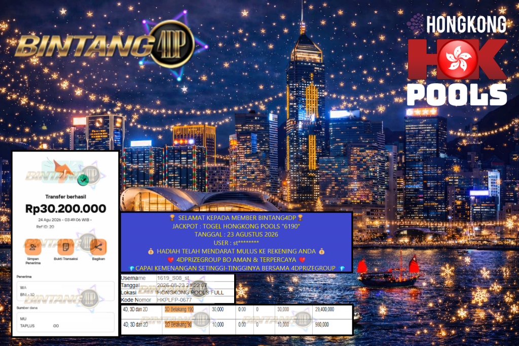 BINTANG4DP JACKPOT TOGEL PASARAN HONGKONG POOLS “6190”  Rp30.200.000,- LUNAS