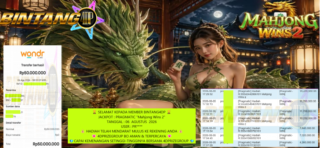 BINTANG4DP JACKPOT SLOT PRAGMATIC “Mahjong Wins 2” ‎‎‏‏‎‏‏‎Rp 50.000.000,- LUNAS
