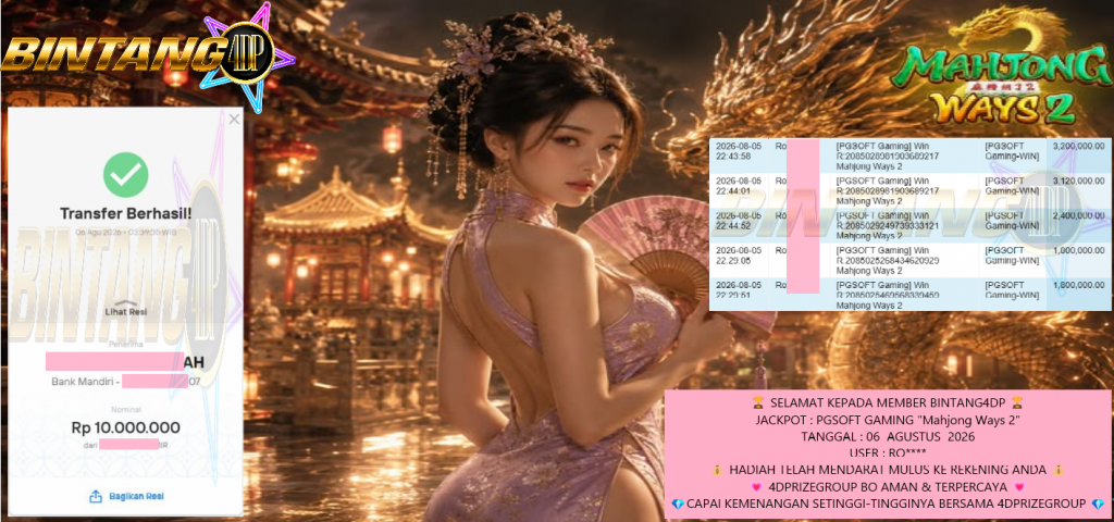 BINTANG4DP JACKPOT PGSOFT GAMING “Mahjong Ways 2” ‎‎‏‏‎‏‏‎Rp 10.000.000,- LUNAS