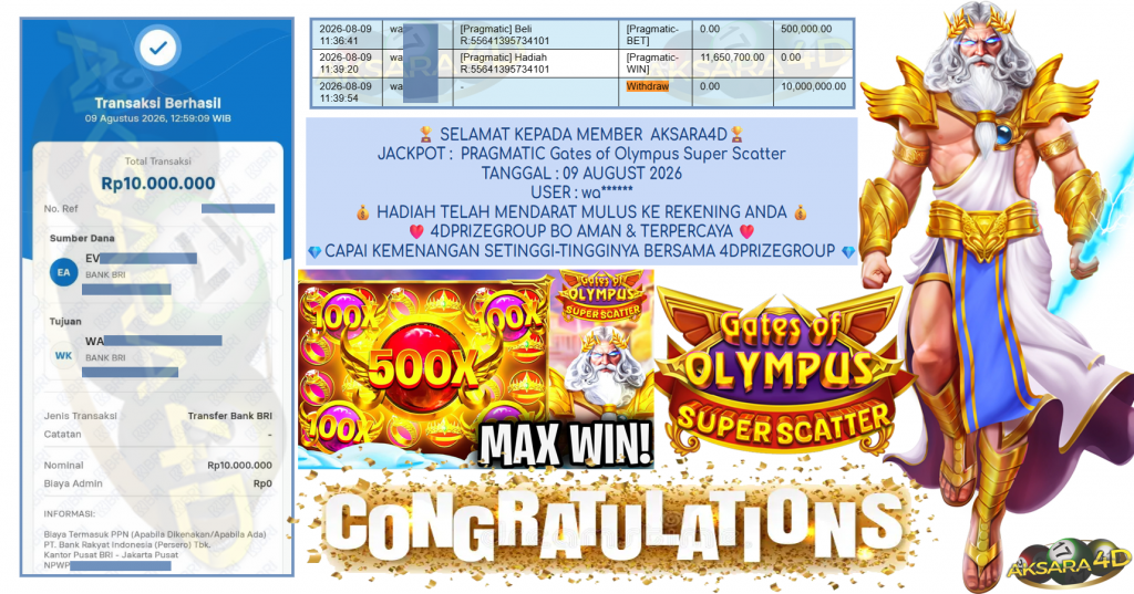 AKSARA4D JACKPOT PRAGMATIC ” Gates of Olympus Super Scatter ” Rp 10,000,000,- LUNAS
