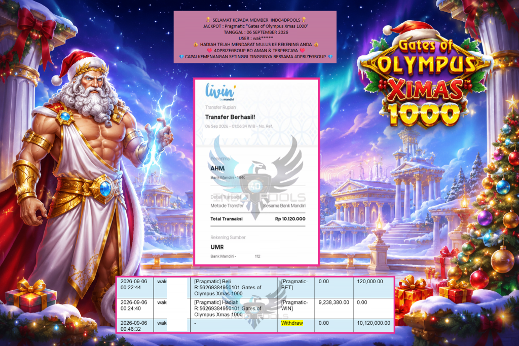 INDO4DPOOLS JACKPOT Pragmatic “Gates of Olympus Xmas 1000” Rp10.120.000,- LUNAS