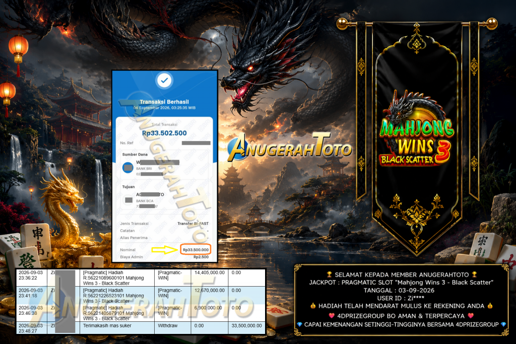 ANUGERAHTOTO JACKPOT PRAGMATIC SLOT “Mahjong Wins 3 – Black Scatter” Rp 33.500.000,- LUNAS