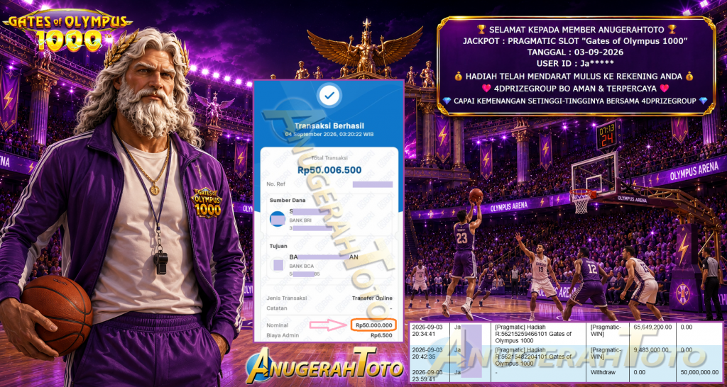 ANUGERAHTOTO JACKPOT PRAGMATIC SLOT “Gates of Olympus 1000” Rp 75.000.000,- LUNAS