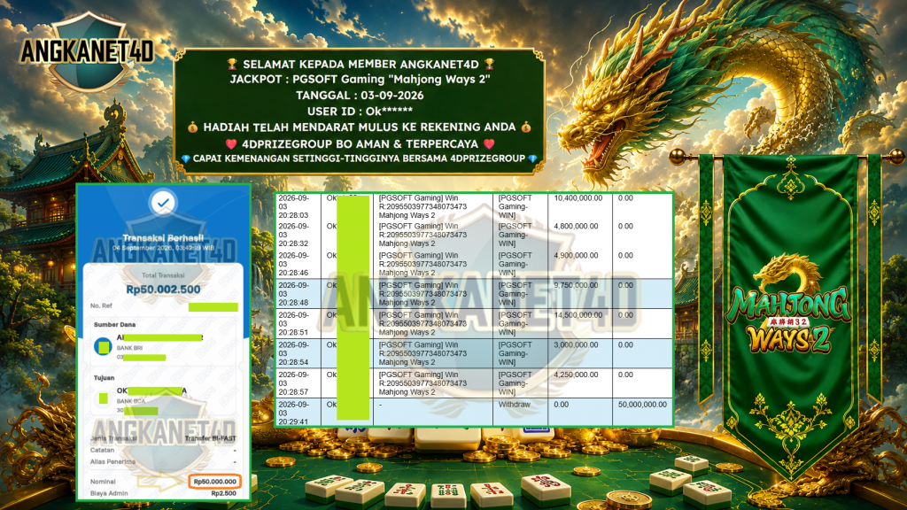 ANGKANET4D JACKPOT PGSOFT Gaming “Mahjong Ways 2” ‎‎‏‏‎‎‏‏Rp 50.000.000,- LUNAS