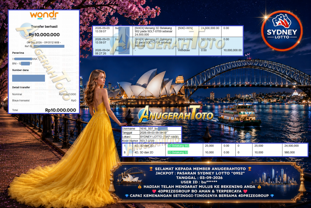 ANUGERAHTOTO JACKPOT PASARAN SYDNEY LOTTO “0952” Rp 10.000.000,- LUNAS