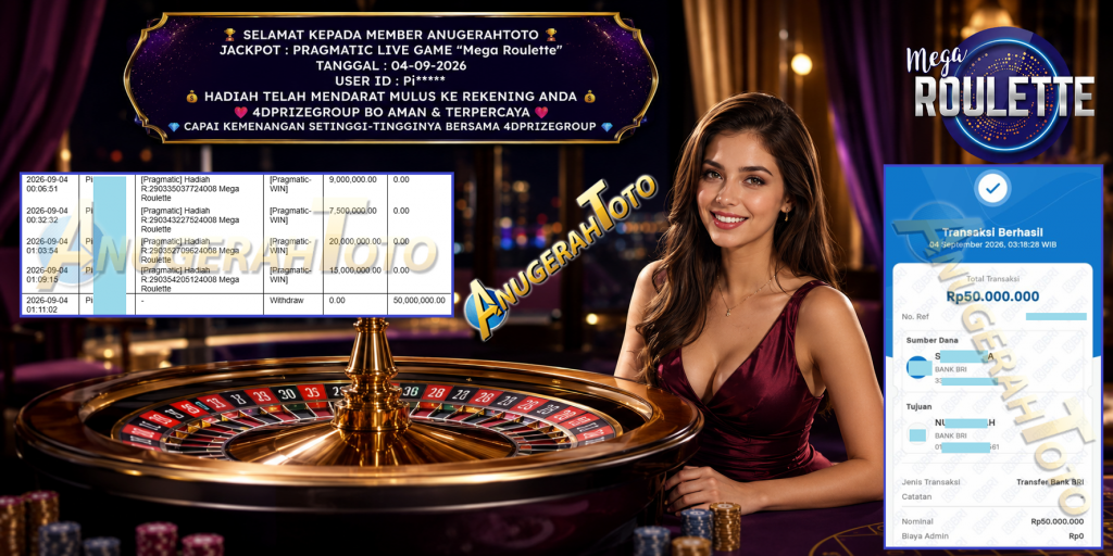 ANUGERAHTOTO JACKPOT PRAGMATIC LIVE GAME “Mega Roulette” ‎‏‏‎Rp 50.000.000,- LUNAS