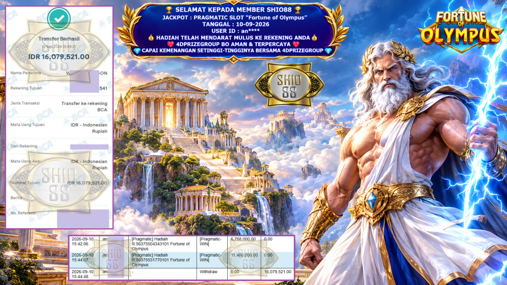 SHIO88 JACKPOT PRAGMATIC SLOT “Fortune of Olympus” Rp 16.079.521,- LUNAS