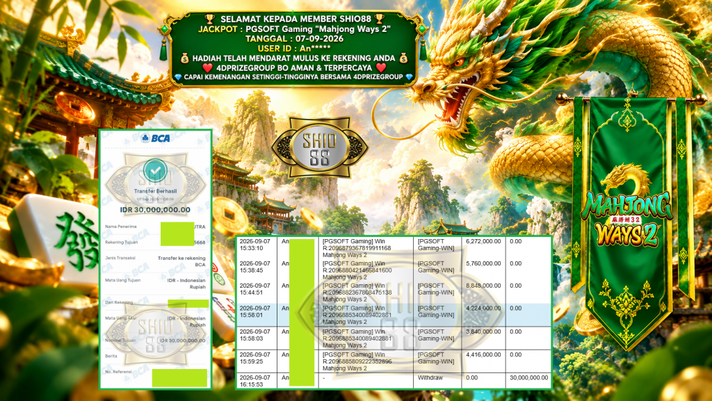 SHIO88 JACKPOT PGSOFT Gaming “Mahjong Ways 2” Rp 30.000.000,- LUNAS