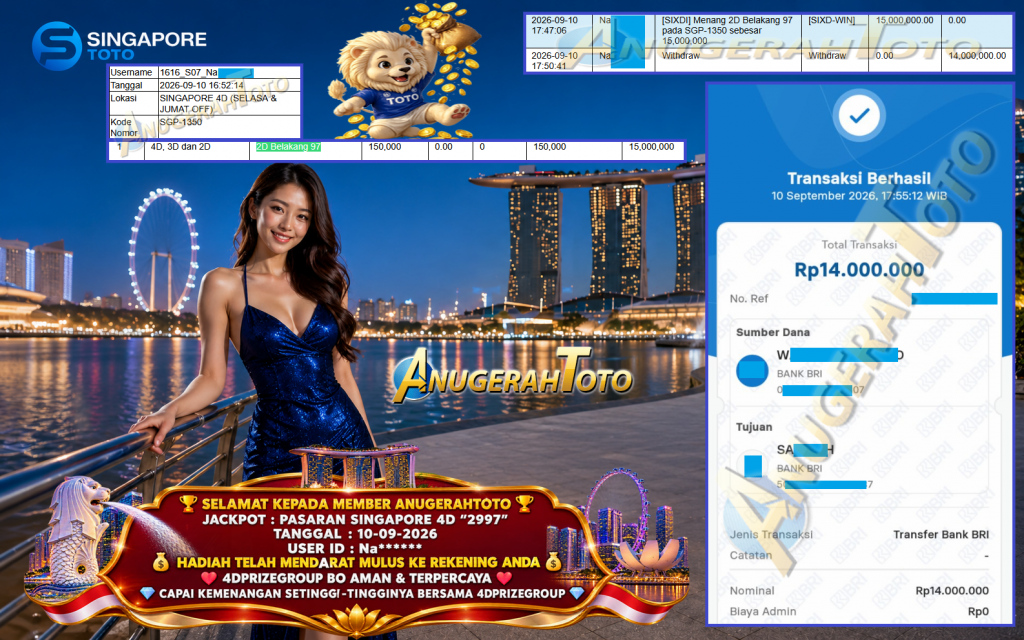 ANUGERAHTOTO JACKPOT PASARAN SINGAPORE 4D “2997” Rp 14.000.000,- LUNAS