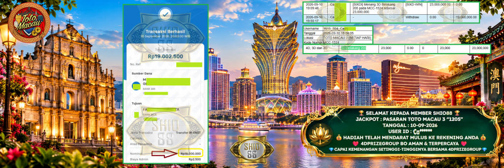 SHIO88 JACKPOT PASARAN TOTO MACAU 3 “1205” Rp 19.000.000,- LUNAS
